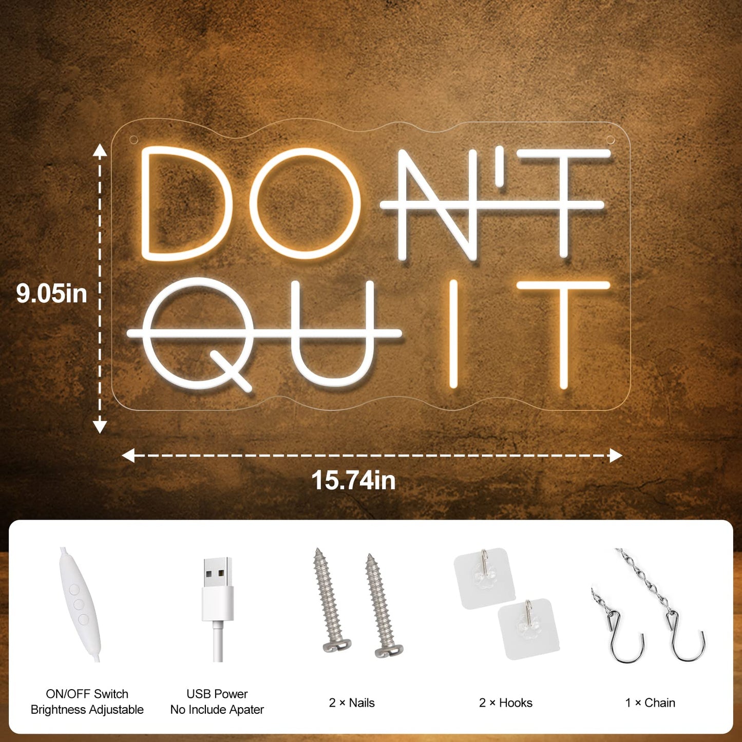 Don't Quit LED Neon Sign for Wall Decor, DO IT Neon Lights Party Decorations, USB Powered Switch Neon Lights lighting adjustable for Office Room, Gym