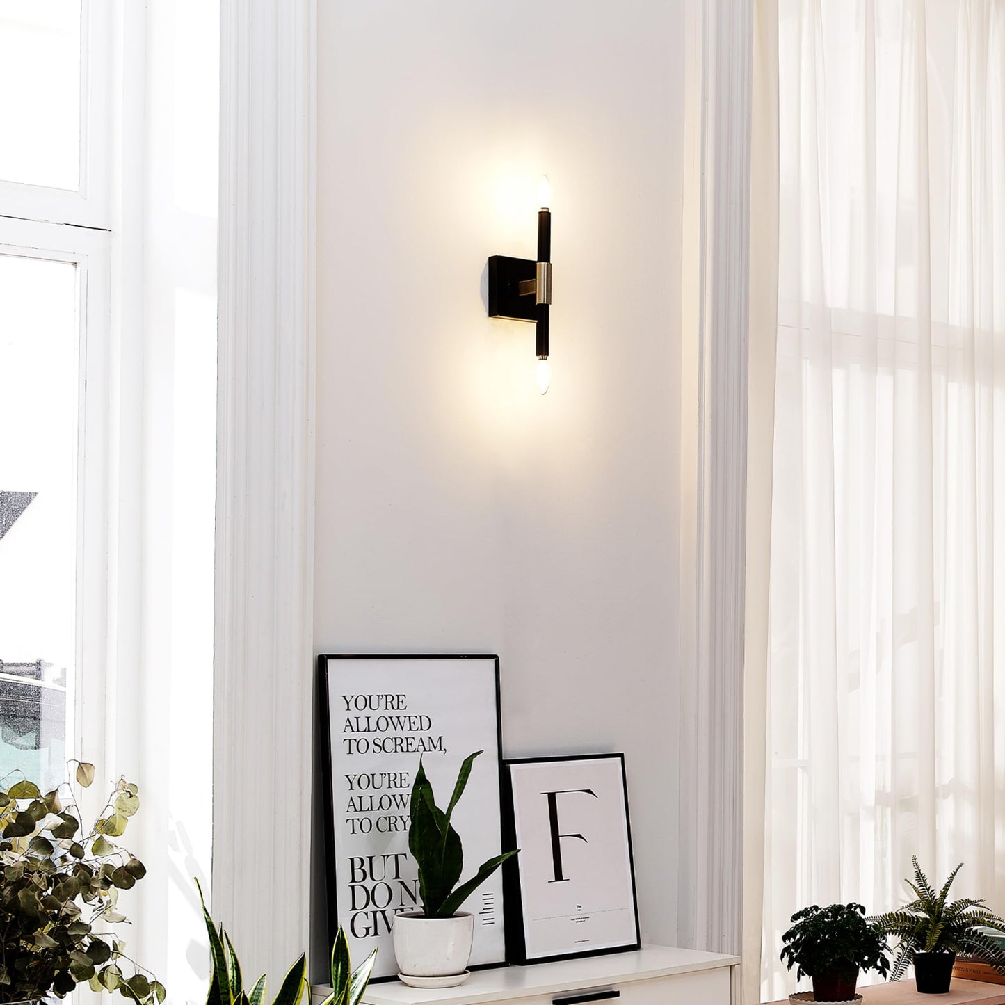 Globe Electric 65000044 2-Light Wall Sconce, Matte Black, Antique Brass Accent, E12 Base Sockets, Lights for Living Room, Home Decor, Lighting