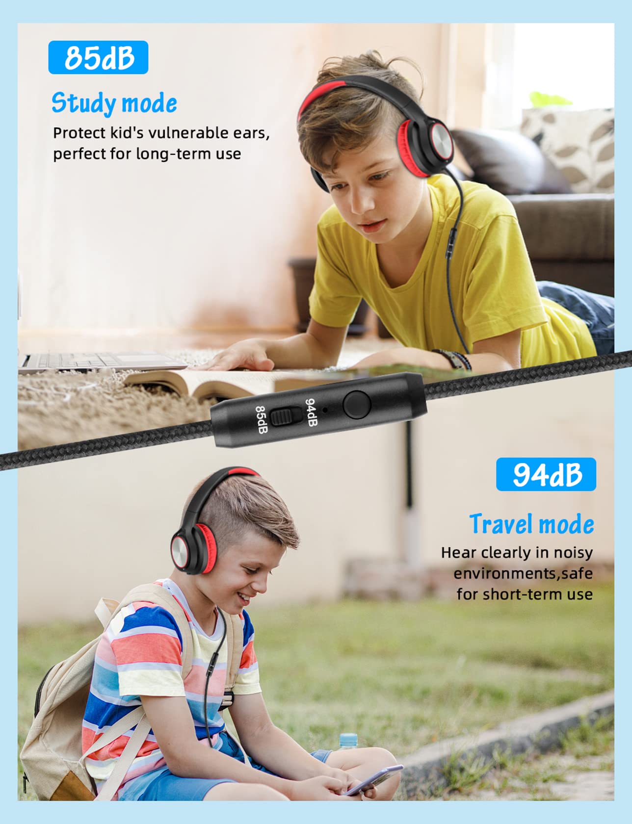 Voopwink Kids Headphones with Microphone, Wired Over Ear Headsets with Limited Volume 85dB/ 94dB for Boys Girls Teens Children Online…