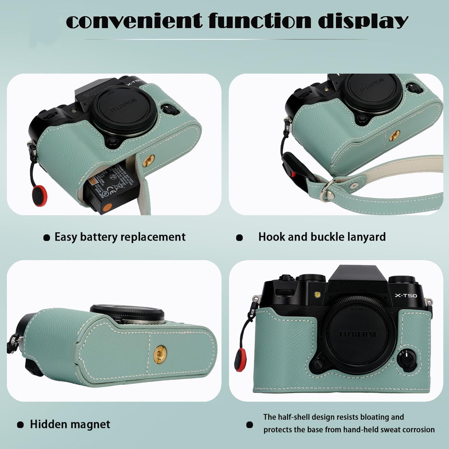 Bowan X-T50 Camera Case, Handmade Genuine Real Leather Half Camera Case Bag Cover for Fujifilm X-T50 Camera Bottom Opening Version + Hand Strap (Mint