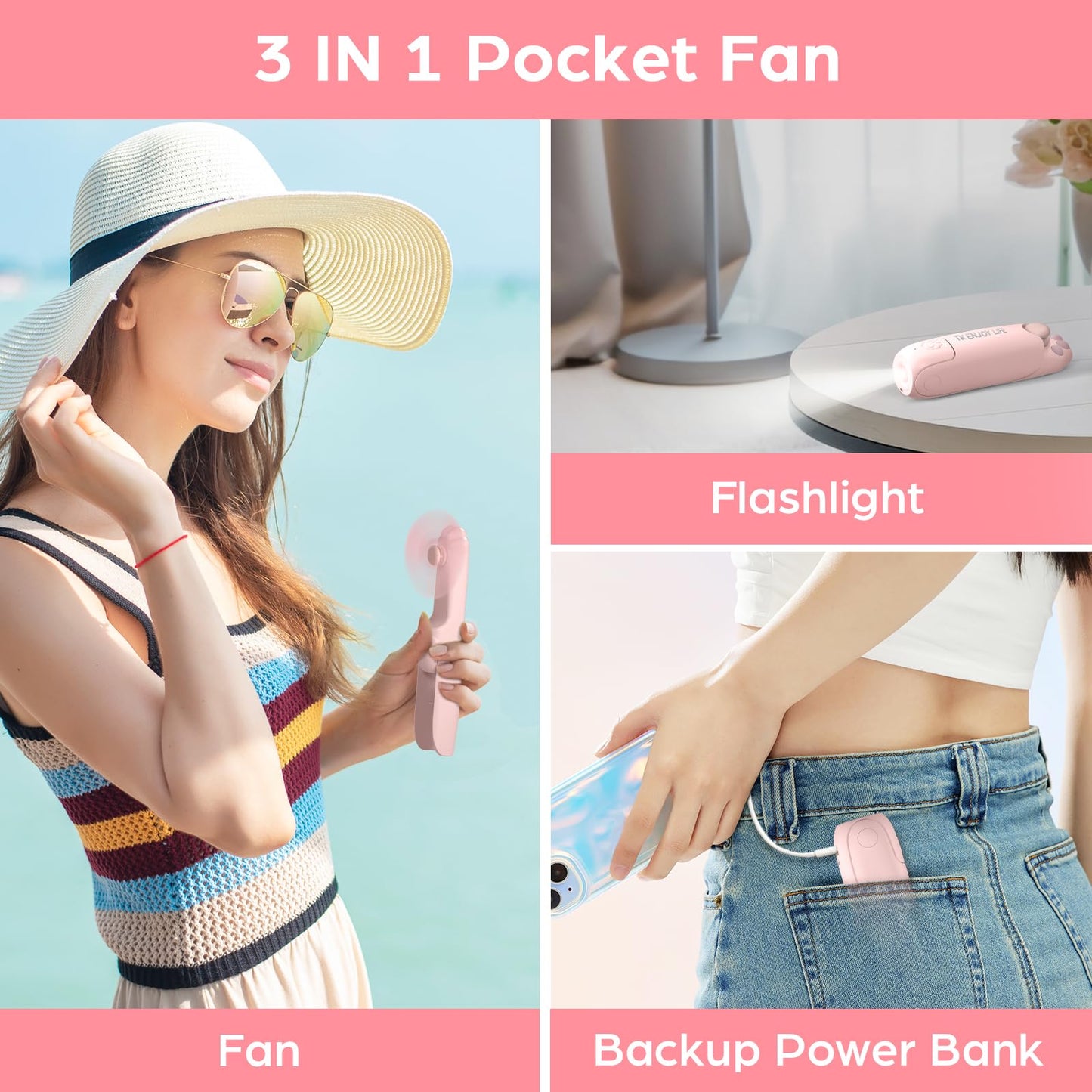TK ENJOY LIFE Handheld Mini Fan, 2000 mAh USB Rechargeable Foldable Fan with Power Bank, Flash Light for Summer, Travel, Eyelashes, Gifts