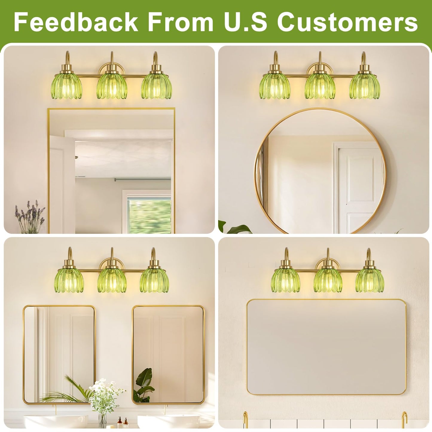 UnicozoHome Bathroom Light Fixtures (3-Light, 20 Inch), Brushed Gold Vanity Lights for Bathroom with Ribbed Green Tulip Glass Shade, Vintage Vanity
