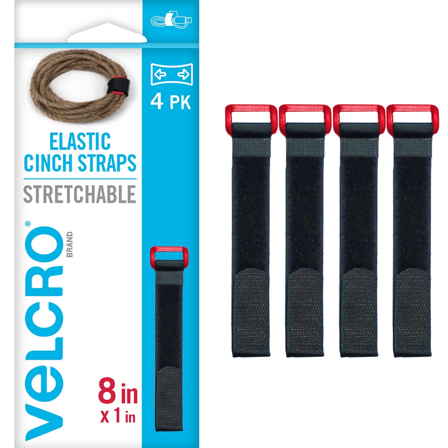 VELCRO Brand VEL-30791-AMS Elastic Cinch Straps with Buckle | 8in x 1in, Pk of 4 | Fully Adjustable and Stretch for Snug Fit | for Fastening Power