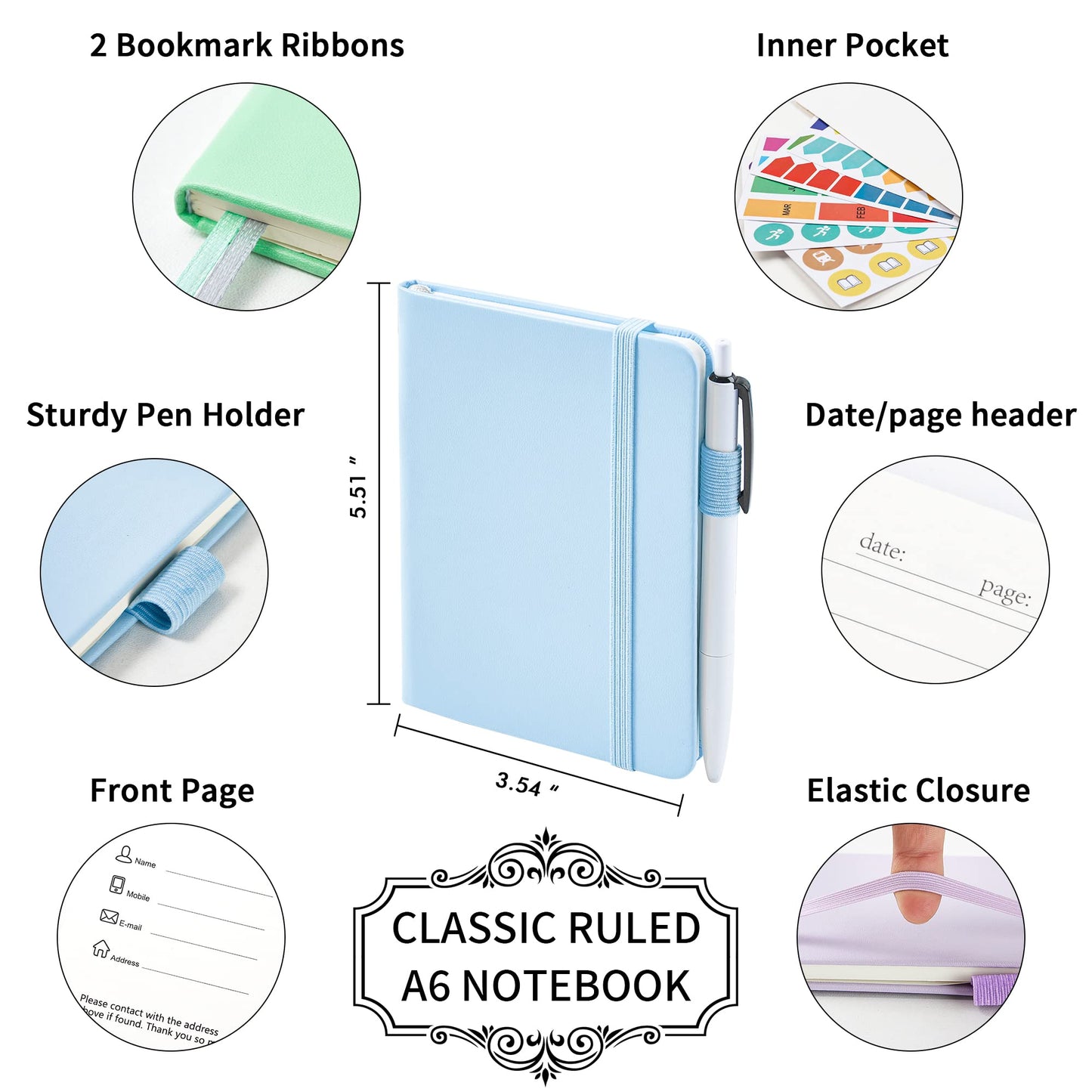 feela 3 Pack Pocket Small Notebook Journals, Mini Cute Hardcover College Ruled Notepad Women Office Supplies, with 3 Black Pens, 3.5”x 5.5”, A6