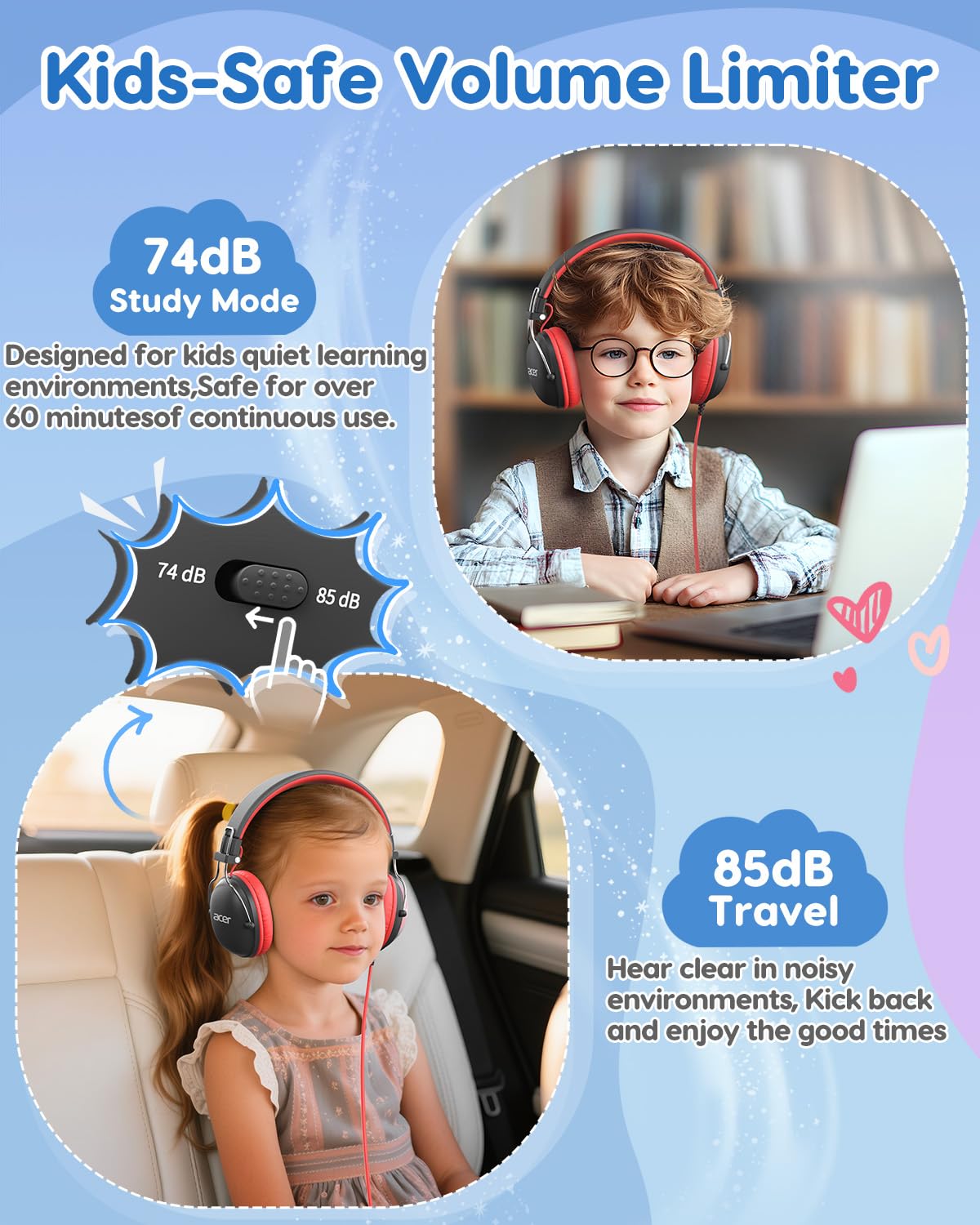 Acer Kids Headphones Wired for School, 74-85dB Limiter, Black Red OHW342