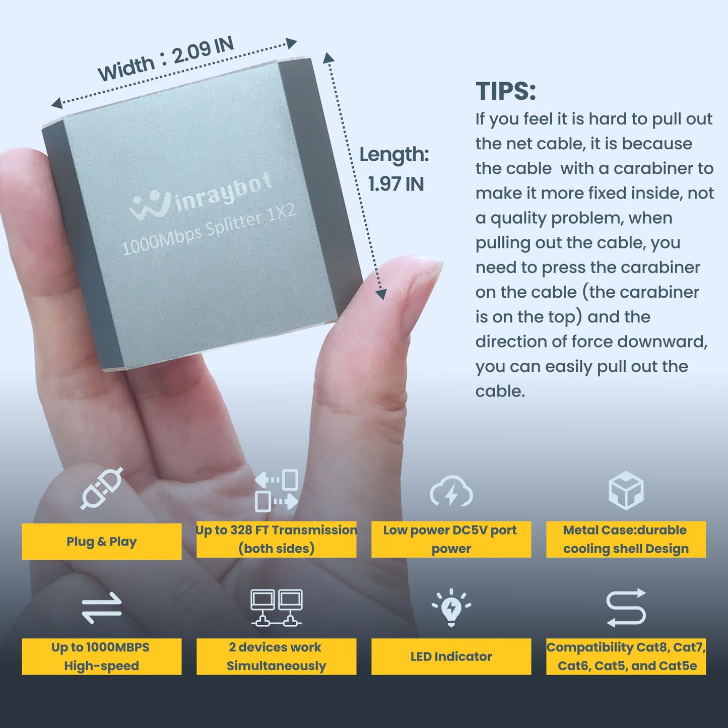 WinRaybot ethernet Splitter 1 to 2?Ethernet hub 2 Port Network LAN Adapter, 1000Mbps Network LAN Adapter for Cat 5/6/7/8 Cable, (2Pack*1GB Network