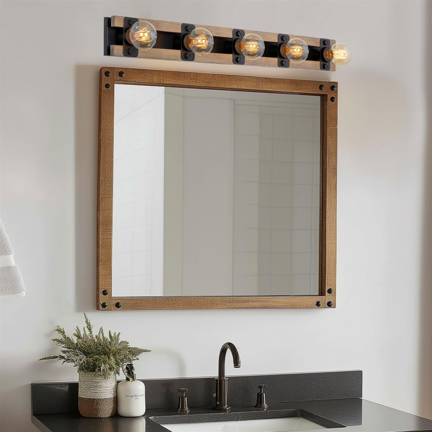 Kira Home Hogan 36" 5-Light Modern Farmhouse Vanity Light with Hand-Painted Wood Grain Metal, Rustic Wood Look Racktrack Bathroom Bar, Smoked Birch