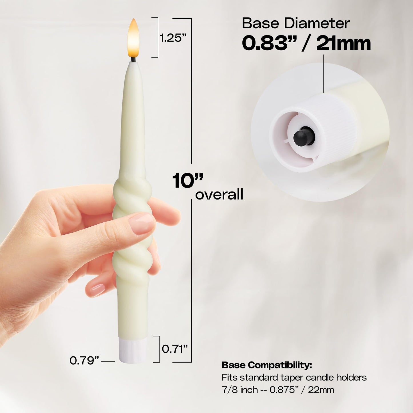 West Ivory Smooth Taper with Twist Flameless LED Taper Candles 10" - Ivory, Set of 6 - Remote, Dimmable, 2/4/6/8-Hr Timer (24-Hr Memory), Bottom