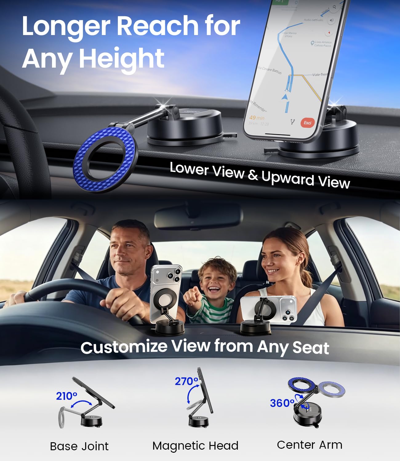 ZIDARO for MagSafe Car Phone Holder for Tesla Model 3/Y, Extended-Reach Arm Magnetic Mount for iPhone 17/16/15/14/13/12, 80+LBS Vacuum Suction Cup