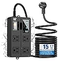 15FT Outdoor Waterproof Power Strip Surge Protector with 4AC Outlets 4USB Ports Power Switch Safety Lock, ETL Certified for Patio Garden Charging