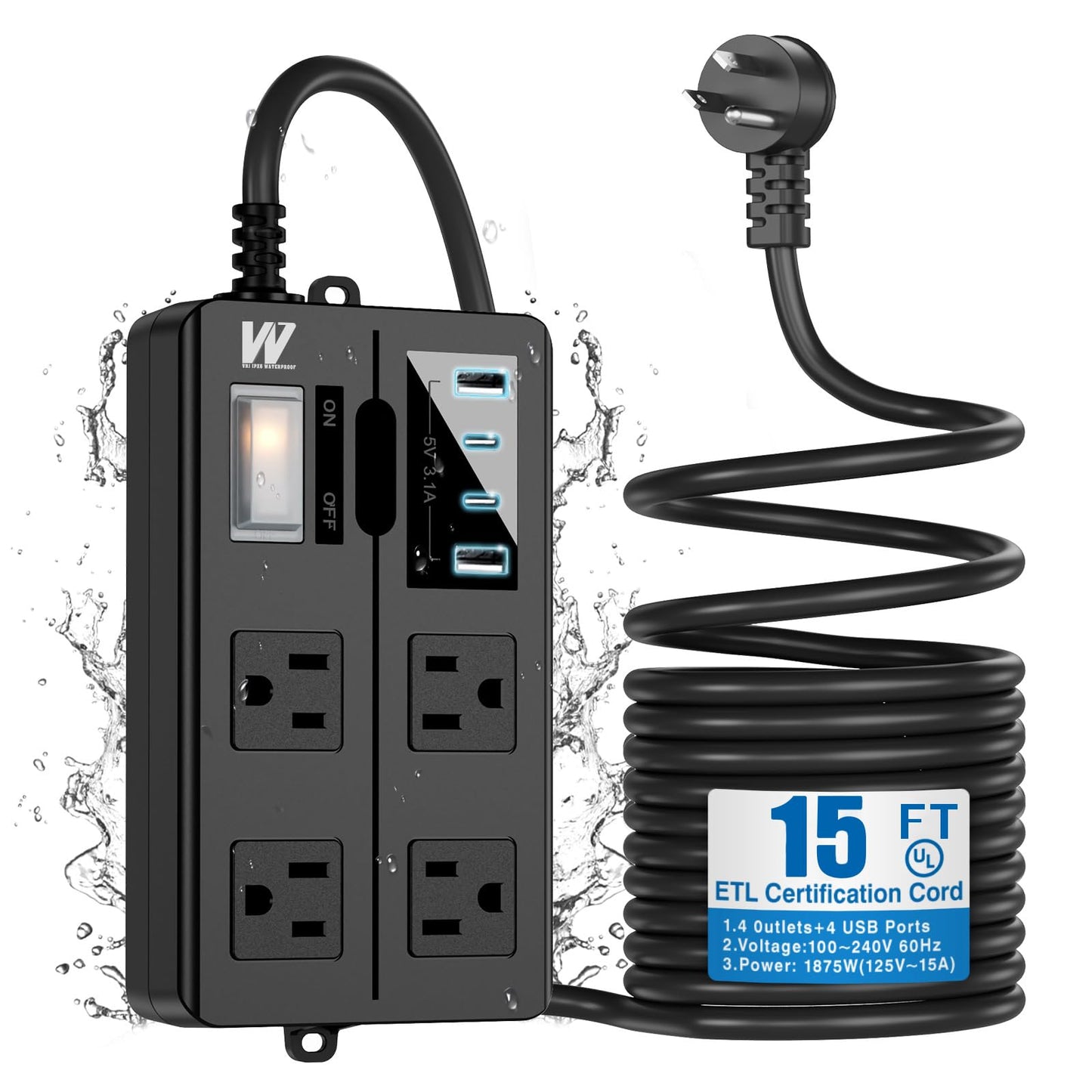 15FT Outdoor Waterproof Power Strip Surge Protector with 4AC Outlets 4USB Ports Power Switch Safety Lock, ETL Certified for Patio Garden Charging