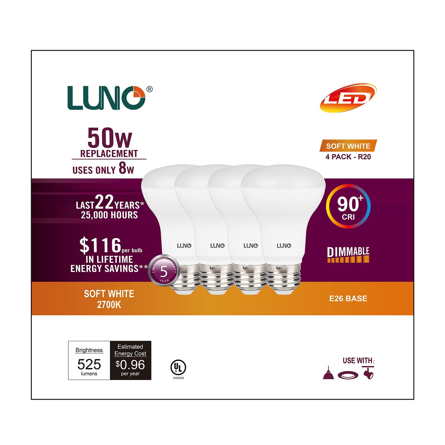 LUNO R20 Dimmable LED Bulb, CRI 90+, 8W (50W Equivalent), 525 Lumens, 2700K (Soft White), Medium Base (E26), UL & ENERGY STAR (4-Pack)