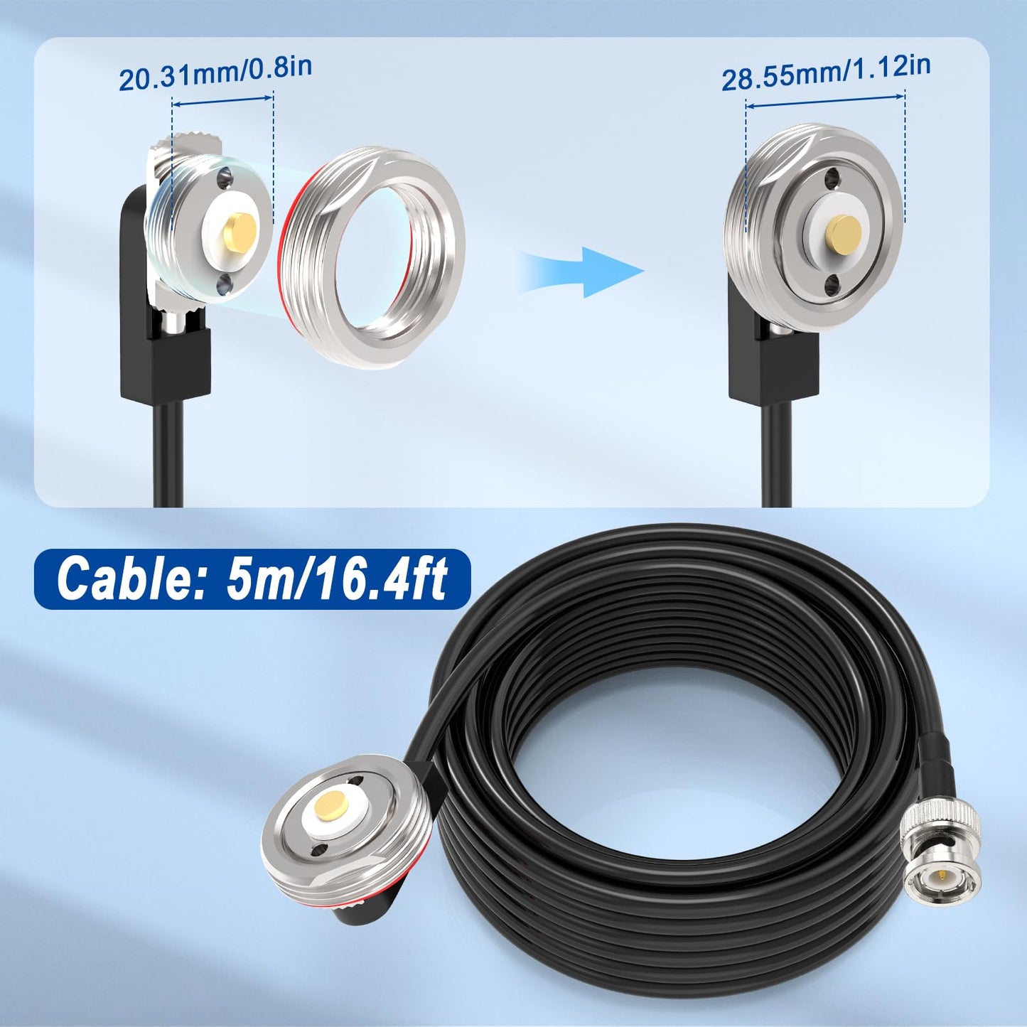 Eightwood NMO Antenna Mount to BNC Male Coax Connector Extension Cable RG58 16.4 Feet for CB & Handheld Radio,Radio Antenna,Radio Scanner