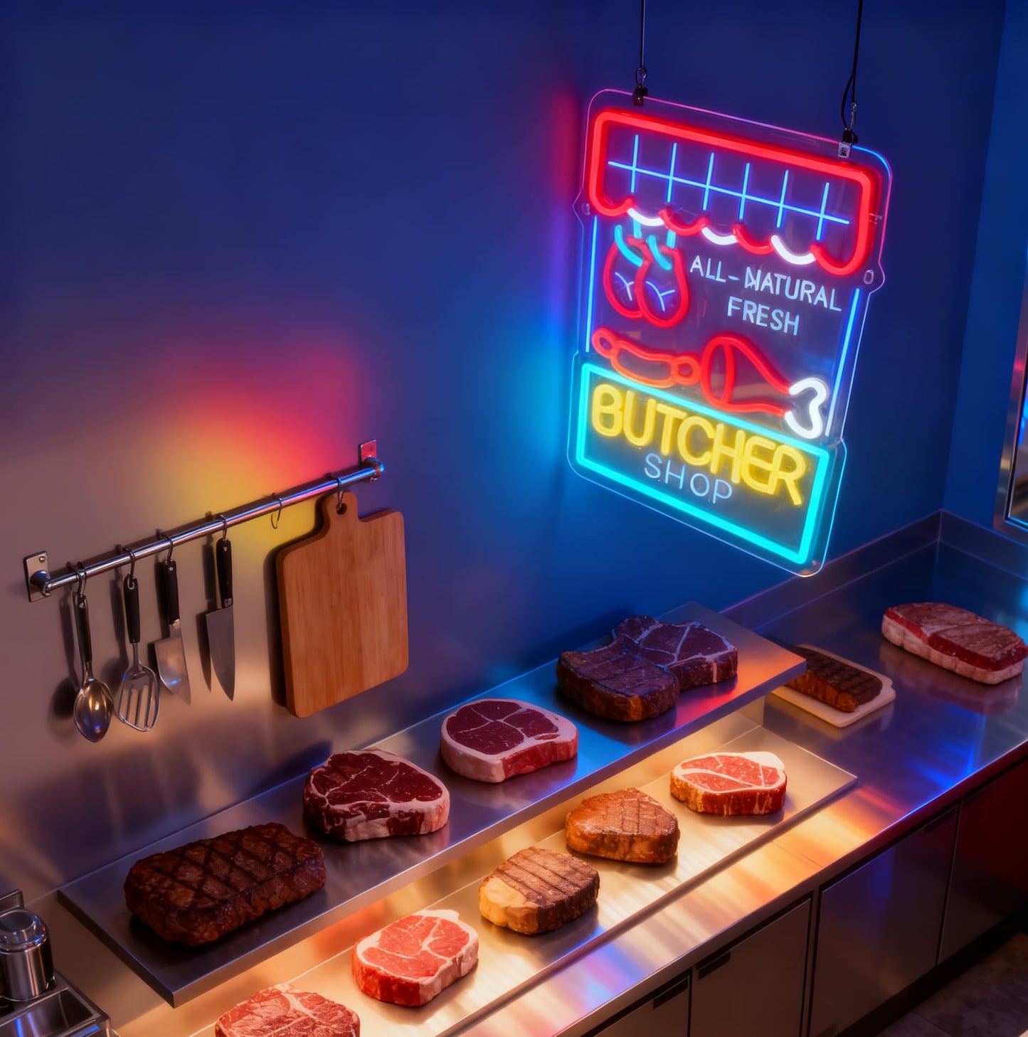 Butcher Shop LED Neon Sign, Butcher Store Home Kitchen Wall Table Light Up Letters Sign, USB Powered Decorative Neon Light 16.1 x 12 In