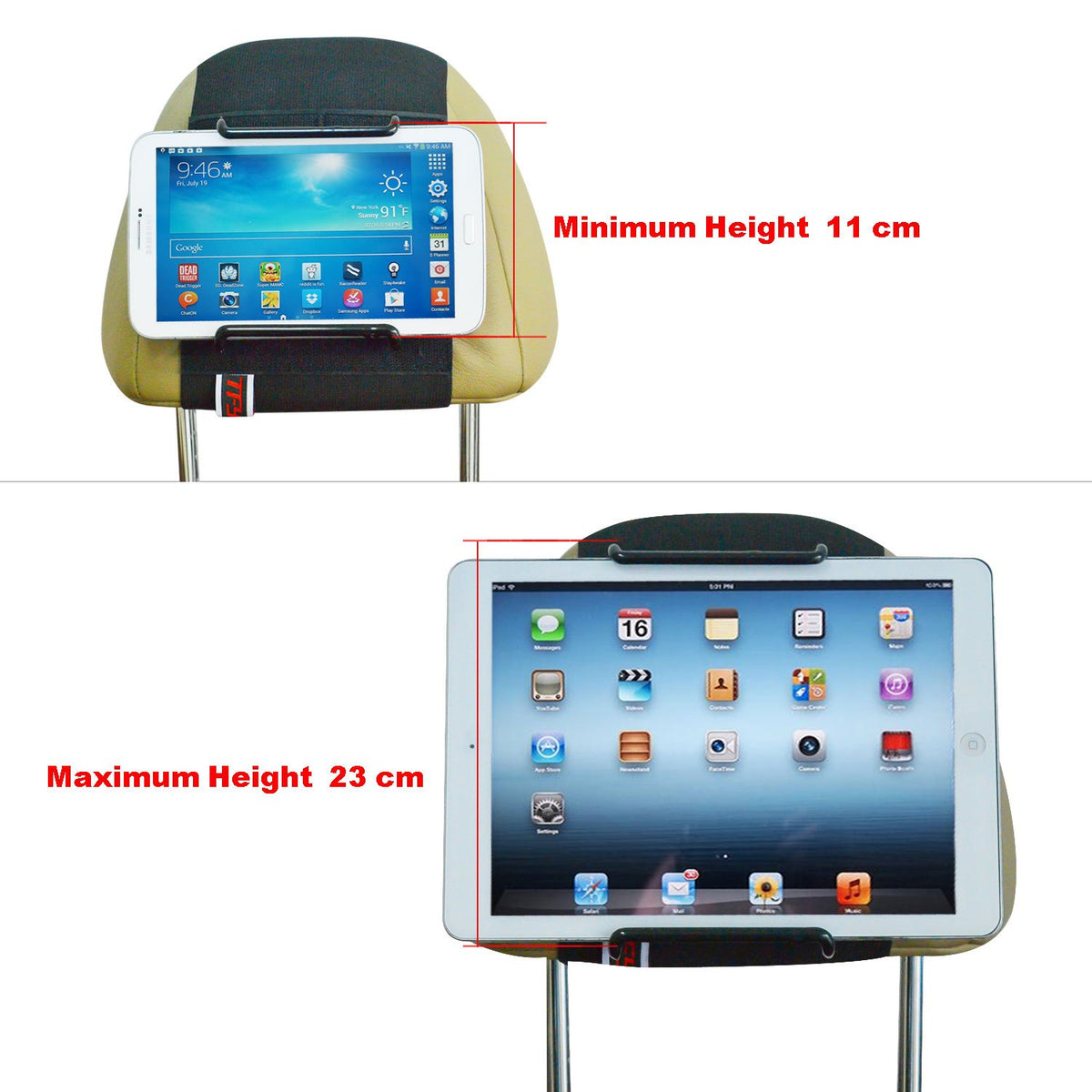 TFY Universal Car Headrest Mount, Fits 7-11 Inch Tablets - iPad, Samsung Galaxy Tab & Note, Adjustable Strap, Detachable, Portable, No Protruding