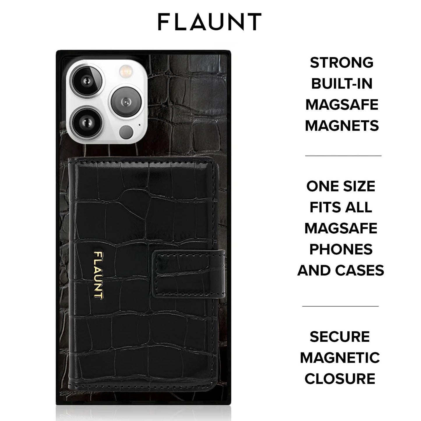 FLAUNT MagSafe Phone Wallet/Card Holder - Crocodile Faux Leather - Compatible with MagSafe Phone Case or Cover - Easily Snap On and Off - Holds Up