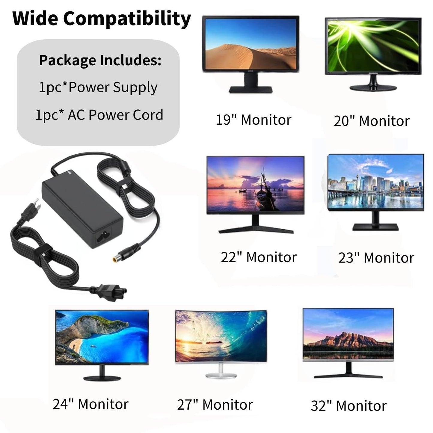DC 19V Power Cord for LG Monitor, 6.6FT DC in Power Supply (for LG 32" 27" 24" 23" 22" 20" 19" Monitor/Ultrawide)