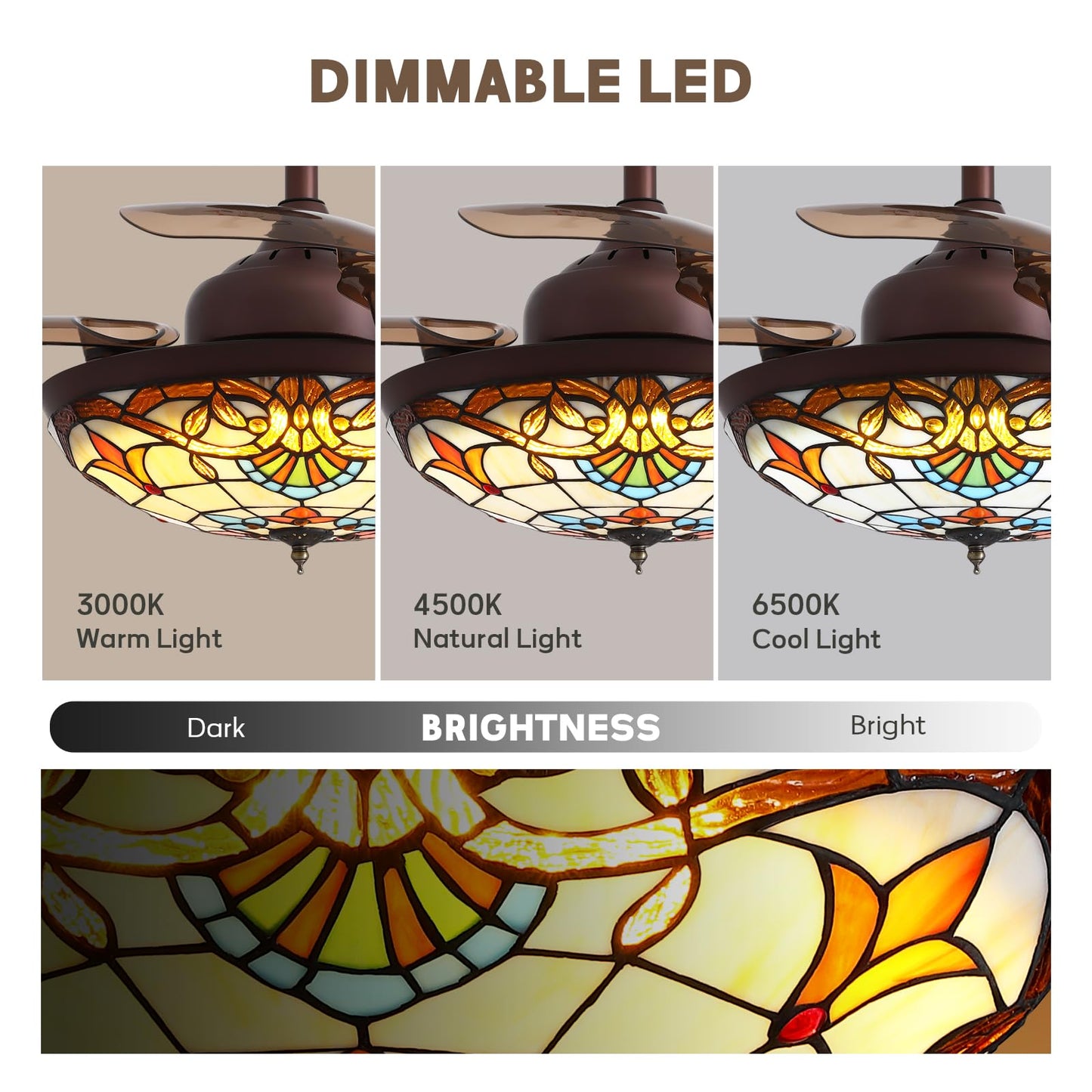 CROSSIO 36" Tiffany Style Ceiling Fan with Lights Vintage Fandelier Stained Glass Ceiling Fans with Lights Retractable Blades Chandelier Fan