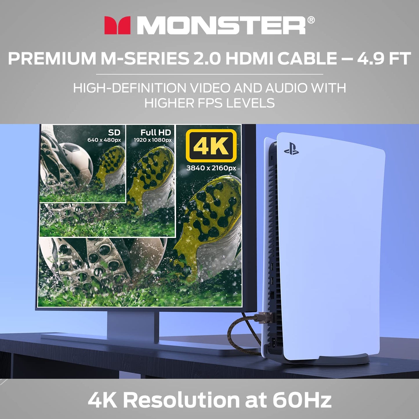 Monster M-Series Certified Premium HDMI Cable 2.0, Features 4K Ultra HD at 60Hz Refresh Rate, Duraflex Jacket, and Triple Layer Shielding, 25 Gbps