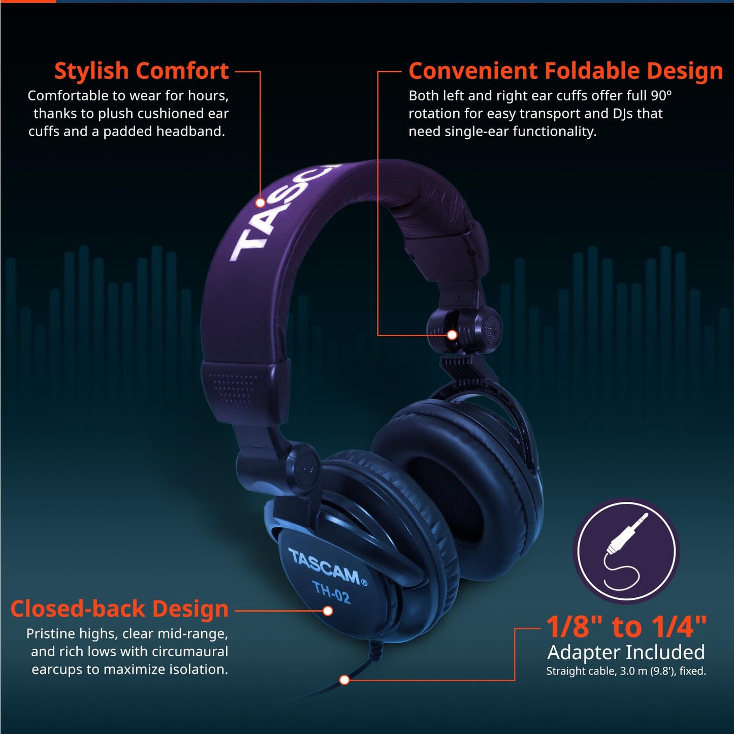 TASCAM TH-02 Professional Studio Monitor Headphones, Wired, Over Ear - for Recording, Podcast, DJ, Music and Guitar, with 1/4 Inch Jack Adapter