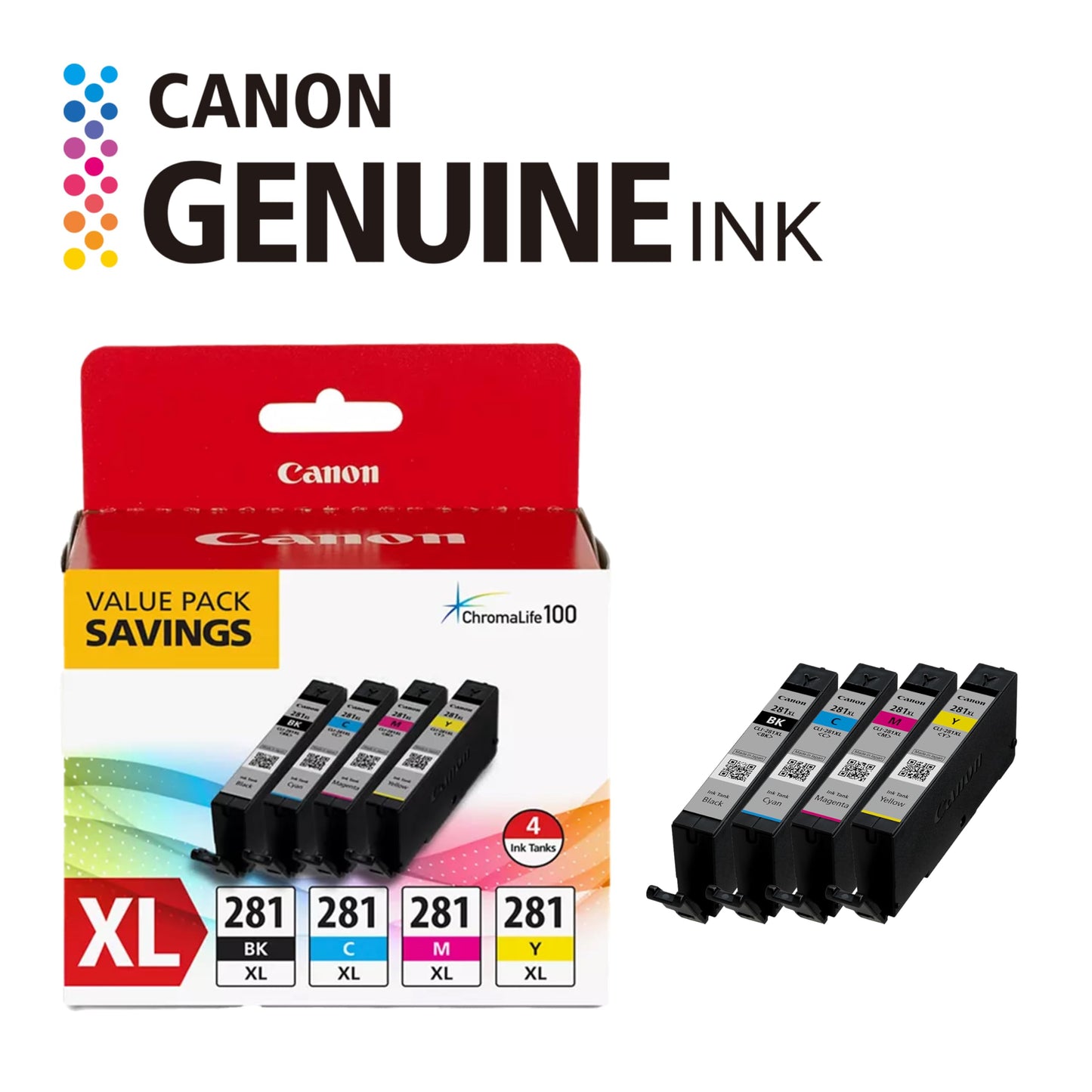 Canon CLI-281 XL Genuine BKCMY Four Color Value Pack, Compatible with TR8520, TS9120,TS8120, TS6120, TS9521C/a, TS9520/a, TS8220, TS6220, TS8320
