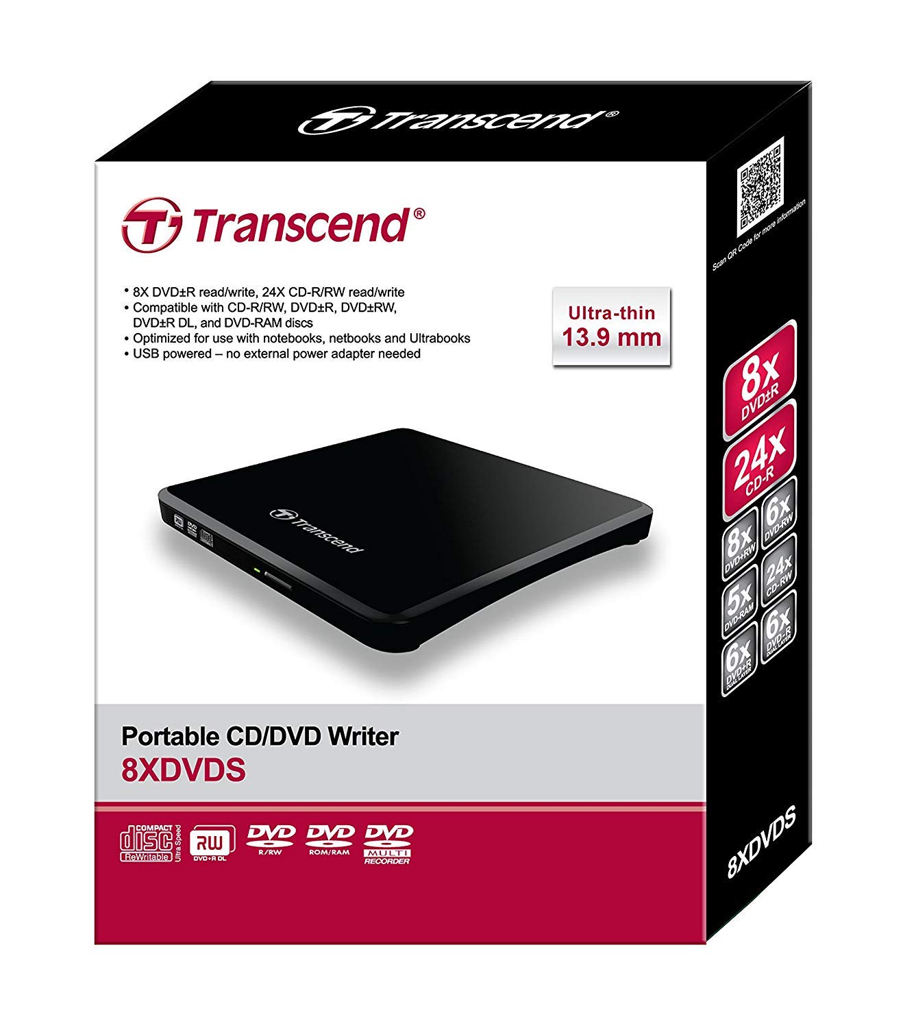 Transcend TS8XDVDRW-K External DVD-Writer - Black - DVD-RAM/?R/?RW Sup
