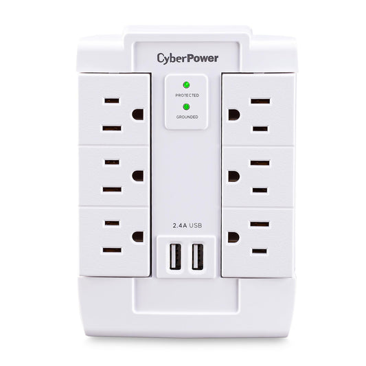CyberPower CSP600WSURC2 Surge Protector, 1200J/125V, 6 Swivel Outlets, 2 USB Charging Ports, Wall Tap Design, White