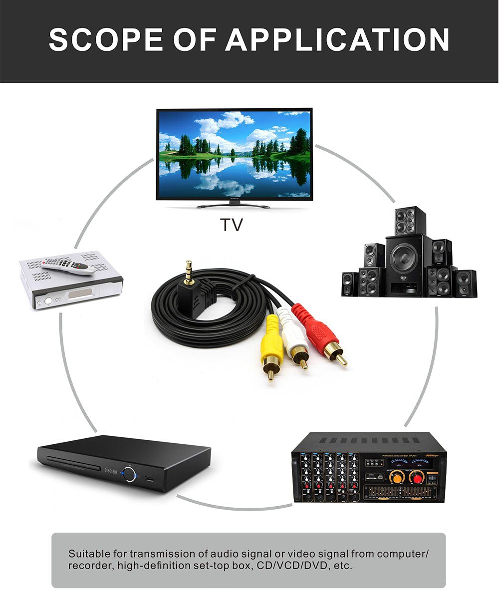 QiCheng&LYS 3.5 mm to RCA AV Camcorder Video Cable,3.5mm Male to 3RCA Male Stereo Audio Video AUX Cable Smartphones,MP3, Tablets,Speakers,Home Theater