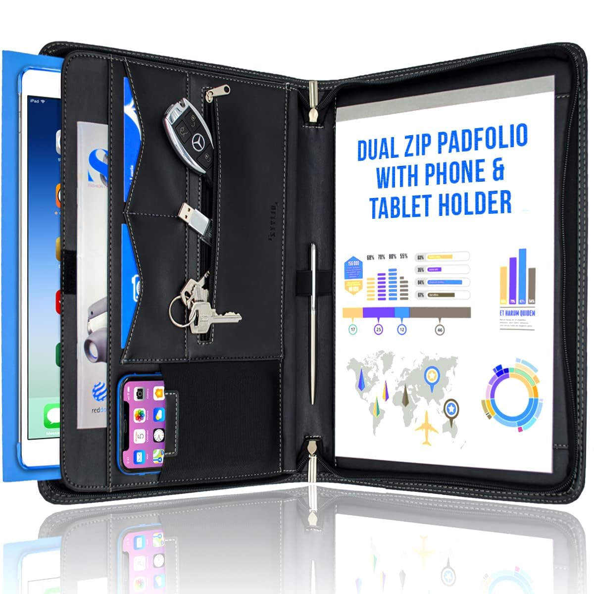 STYLIO Zipper Padfolio Portfolio Binder Organizer | Faux Leather Portfolio for Resume, Documents, Phone, Tablet, Business Supplies and Cards |