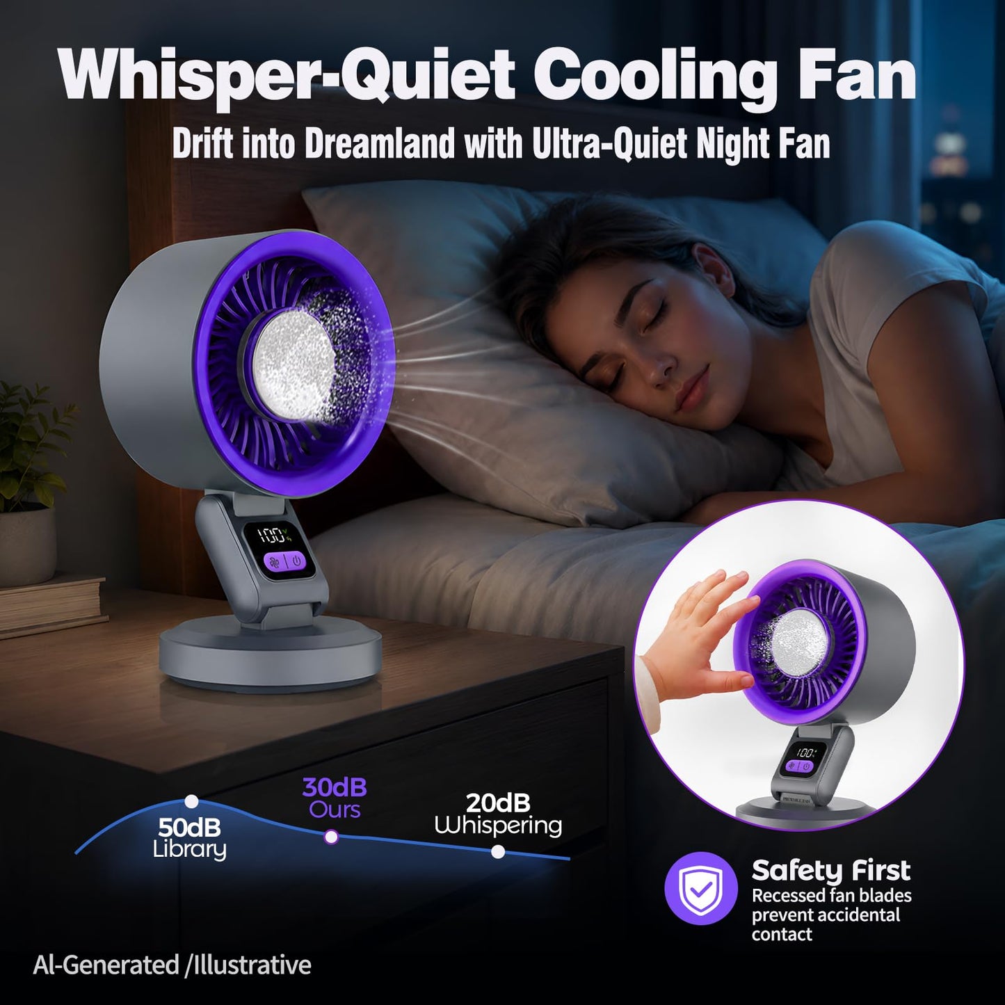 SMINWISNOZY Digital Display Desk Fan, Semiconductor Cooling, Ultra-Quiet Turbo Airflow, 4000mAh Long Battery Life, USB-C Fast Charging, Portable Fan