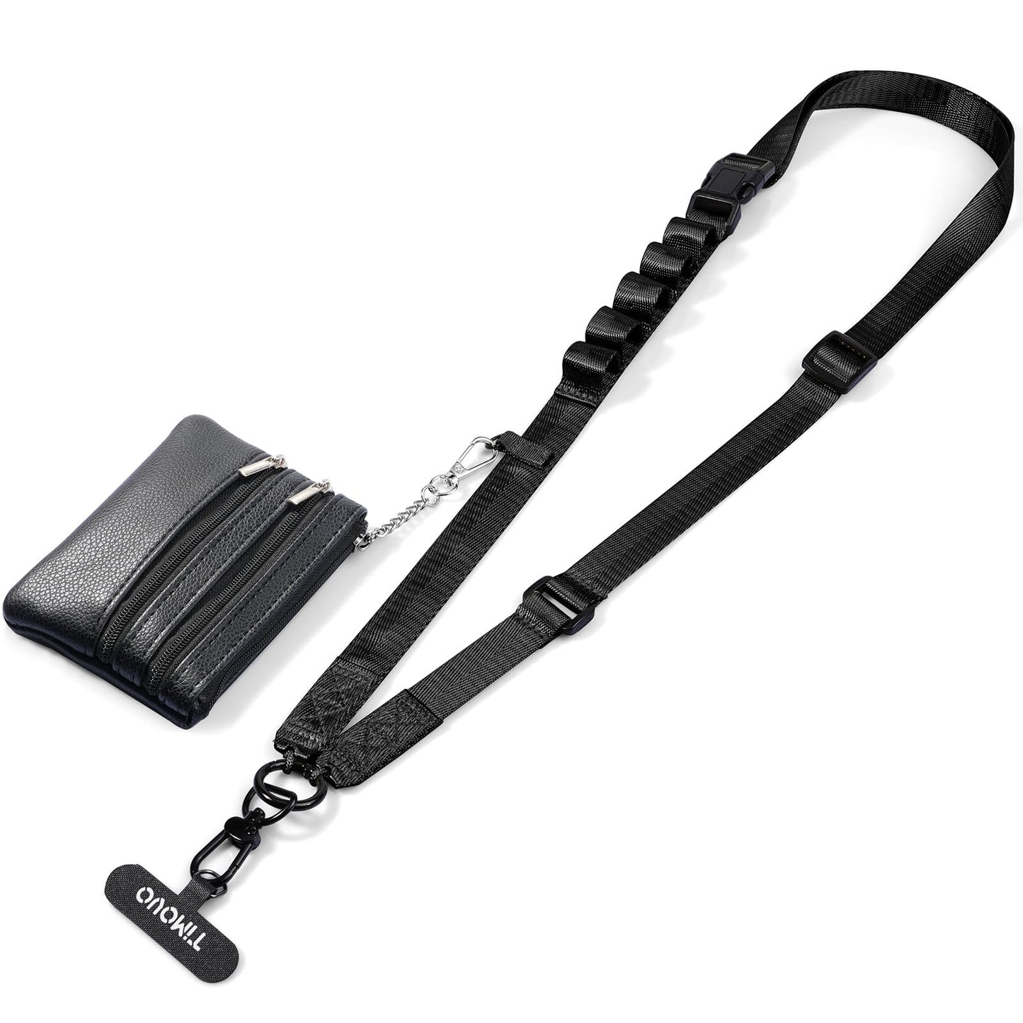 TiMOVO Clip and Go Phone Strap with Leather Wallet, Phone Lanyard Crossbody with Detachable Zippered Pouch Adjustable Strap for Phones, Black