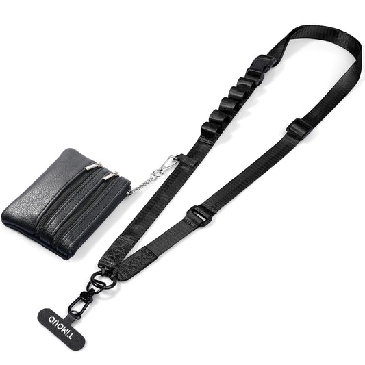 TiMOVO Clip and Go Phone Strap with Leather Wallet, Phone Lanyard Crossbody with Detachable Zippered Pouch Adjustable Strap for Phones, Black