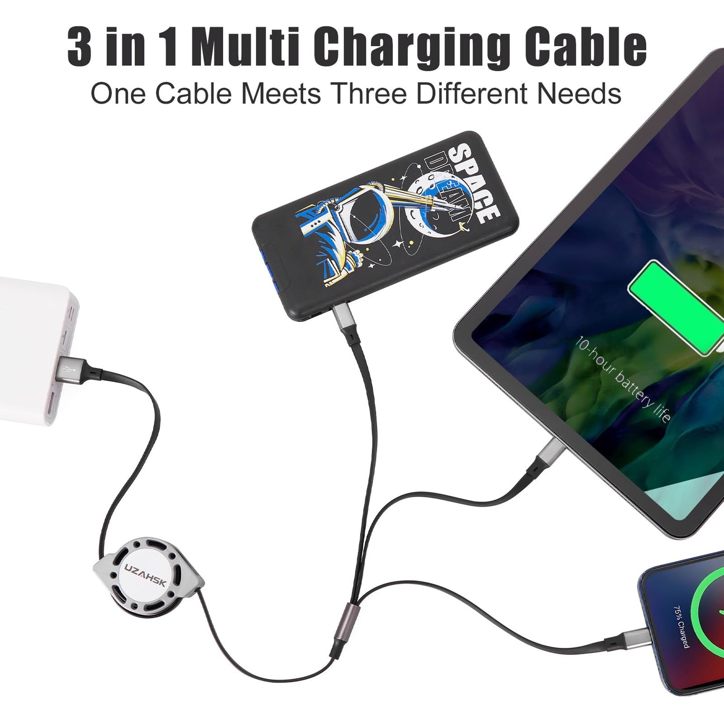 UZAHSK Multi Charging Cable 4ft 3 in 1 USB Retractable Phone Charger Cable with Type C/iOS/Micro USB Port Connector, Compatible with Cell Phones