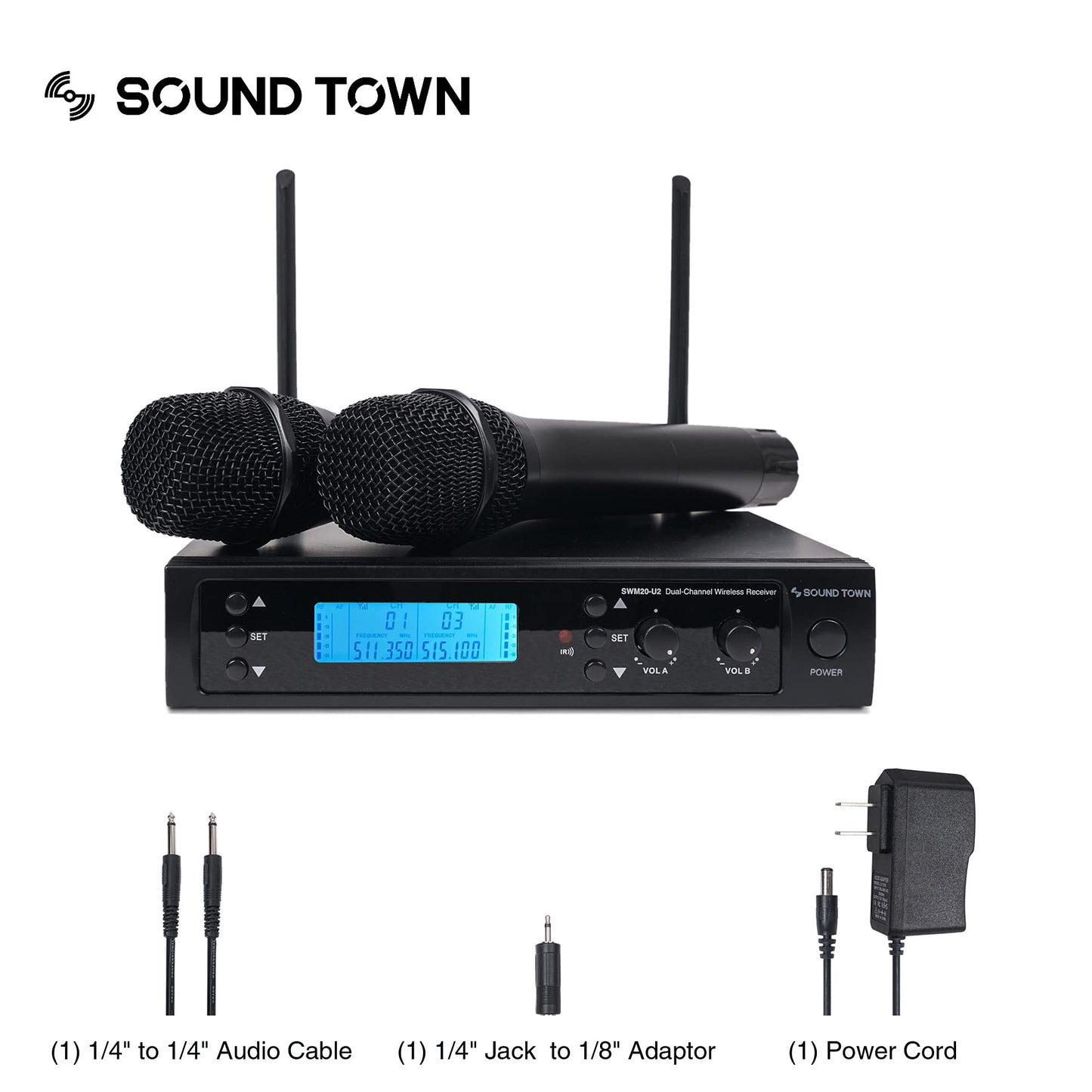 Sound Town 200-Channel Professional UHF Wireless Microphone System with 2 Handheld Microphones, for Church, Business Meeting, Outdoor Wedding and