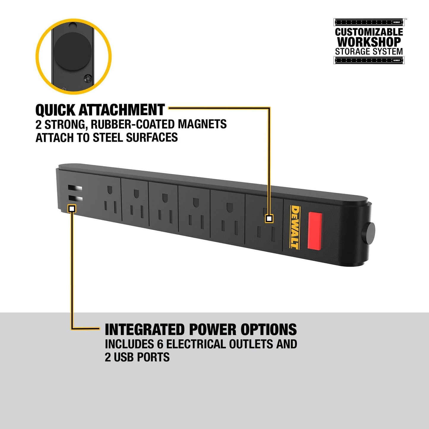 DEWALT Magnetic Power Strip with 6 Power Outlets, DEWALT Workshop Storage System Compatible (DWST82693)