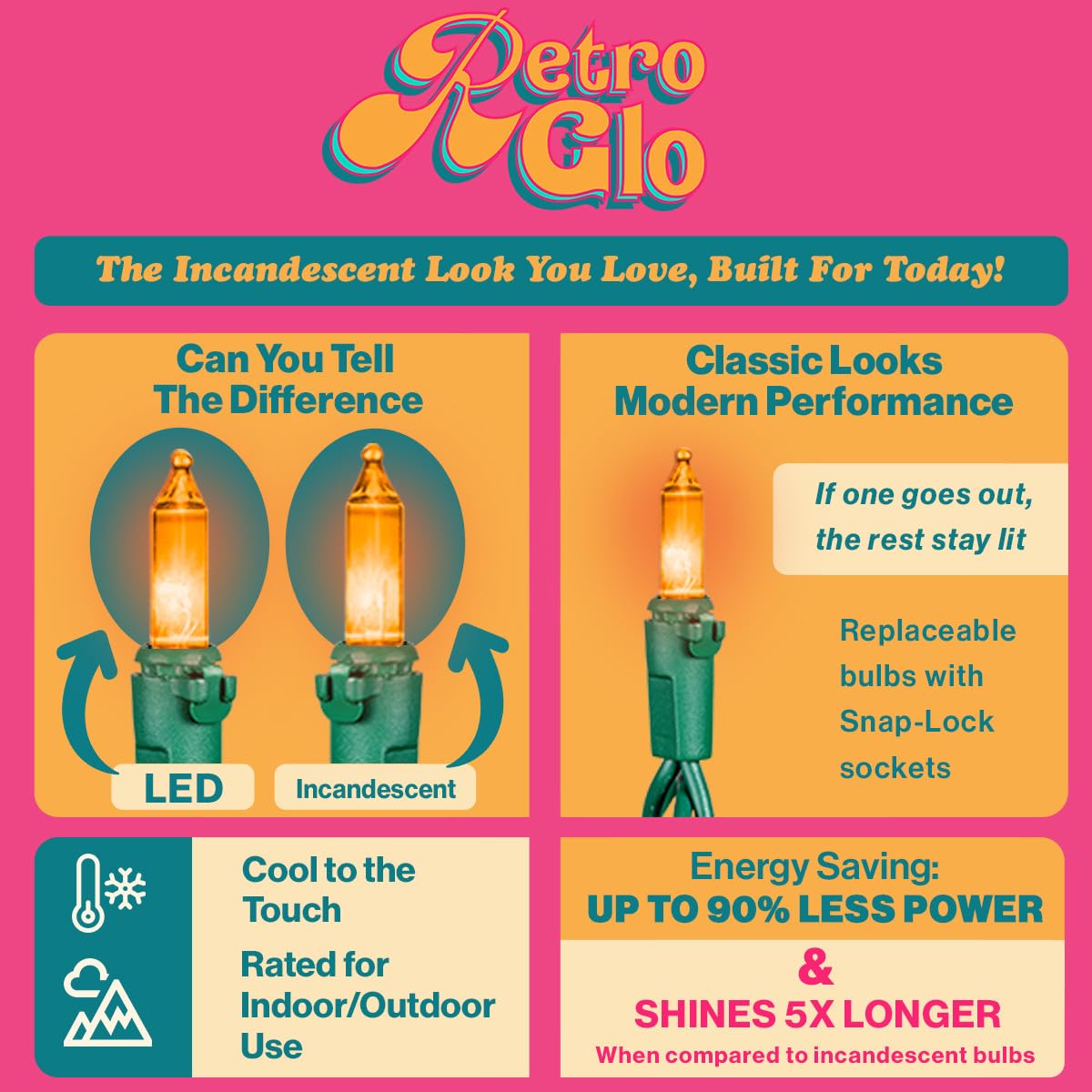 Novelty Lights RetroGlo Orange LED Mini Lights, 50 Bulbs, Green Wire
