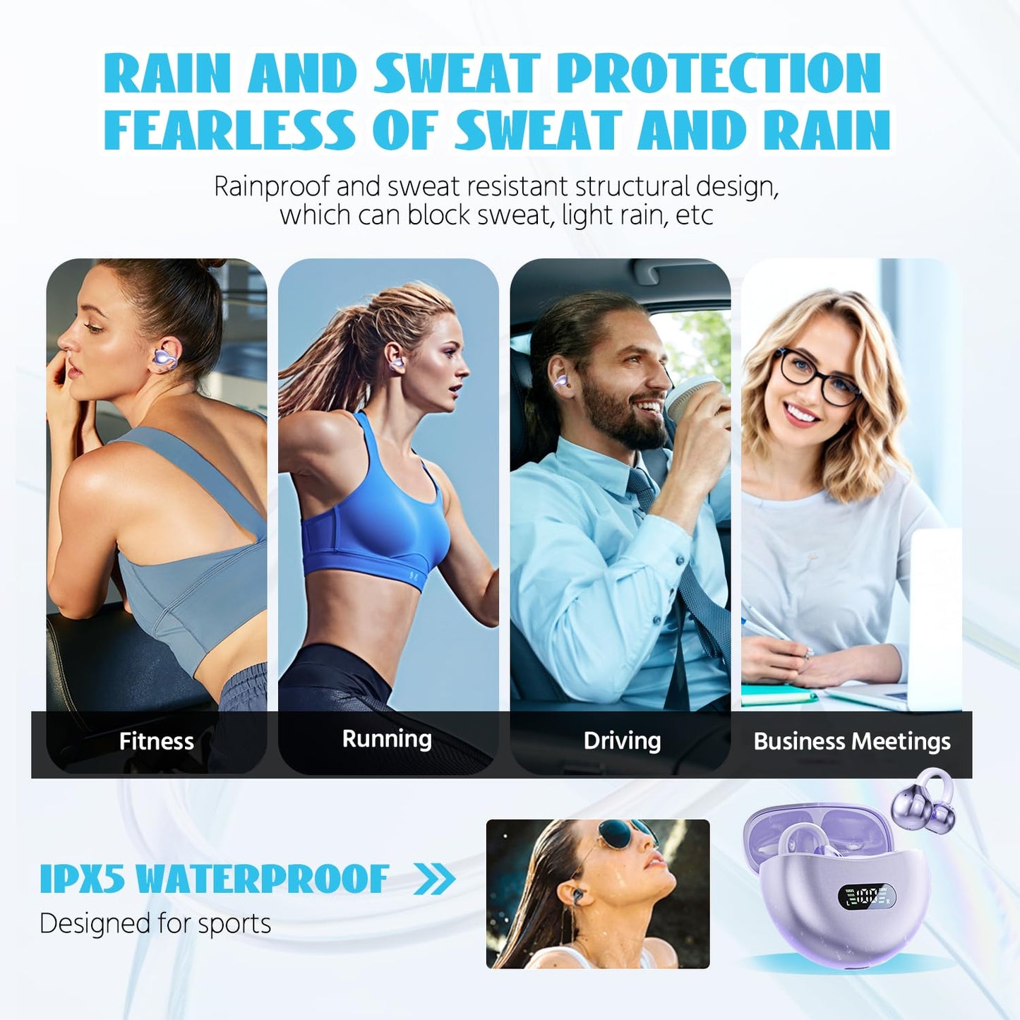 umgoogoo Open Ear Earbuds Wireless Bluetooth 5.4 with Fashion Ear Hooks Clip on Design Digital Display Waterproof Running Sports Yoga Fitness Gym…