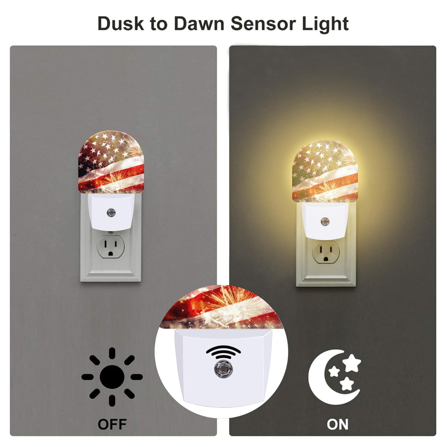 sndheke America Flag with Fireworks Night Light Plug into Wall,Vintage The USA Flag Patriotic Dusk to Dawn Night Light,0.5w Energy Saving Sleep