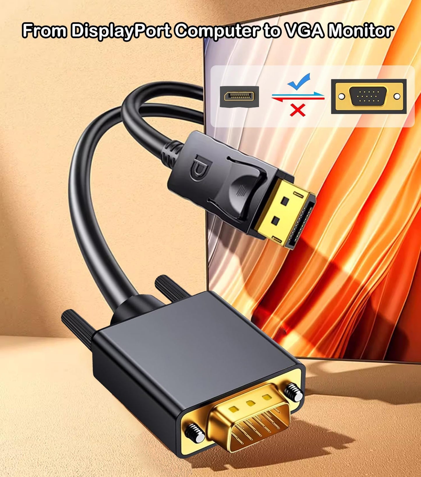 DisplayPort to VGA Cable 6FT/2 Pack, Display Port DP to VGA Adapter, 1080P@60Hz Video Cord from Laptop/Computer (DP) to Monitor/Projector (VGA), Not