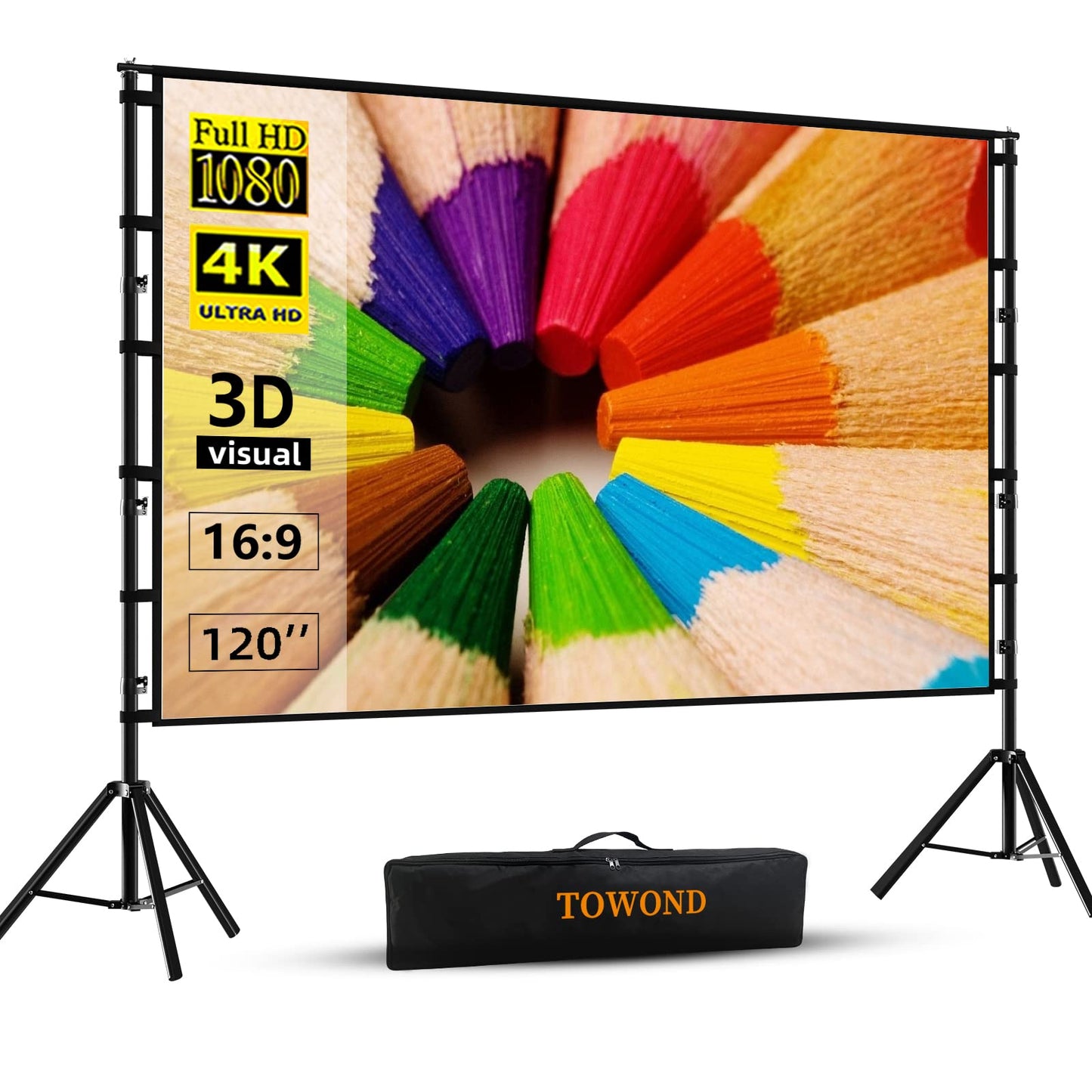 TOWOND Projector Screen and Stand, 120 inch Outdoor Projection Screen, Portable 16:9 4K HD Rear Front Movie Screen with Carry Bag Wrinkle-Free Design