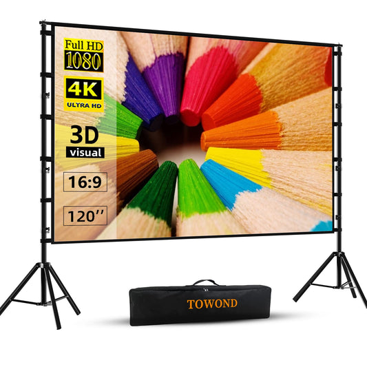 TOWOND Projector Screen and Stand, 120 inch Outdoor Projection Screen, Portable 16:9 4K HD Rear Front Movie Screen with Carry Bag Wrinkle-Free Design
