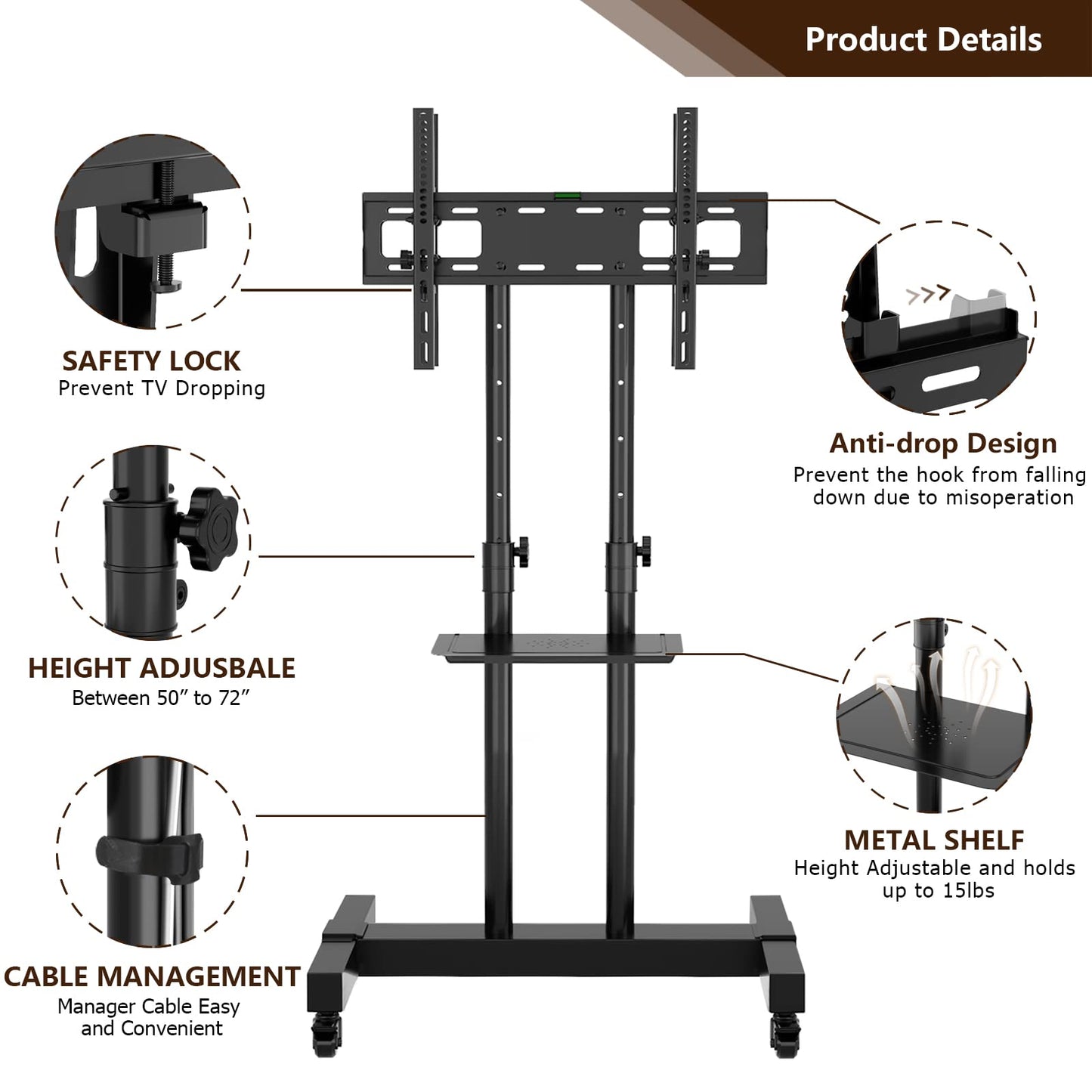 TAVR Dual Mobile TV Stand Rolling TV Cart Floor Stand with 2 TV Brackets on Locking Wheel Height Adjustable Shelf for 32-70 inch Flat/Curved Screen