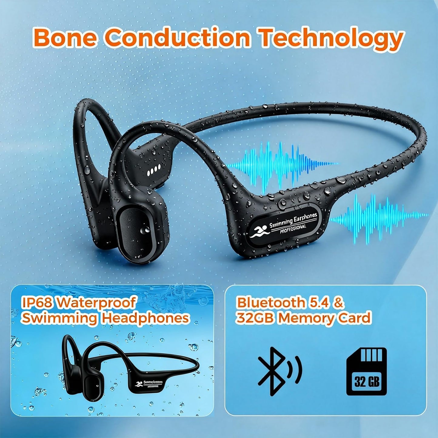 Hostena Swimming Headphones IP68 Waterproof, Open Ear Bone Conduction Underwater Headphones Bluetooth 5.4& MP3 with 32GB Memory Card…