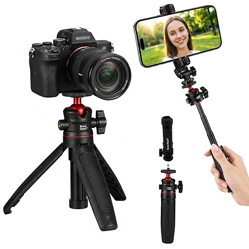 Gonymask 1/4" Screw Mini Camera Tripod for Sony ZV-1 II ZV-E10 Canon R50 DJI Pocket 3, 2-in-1 Phone Tripod Stand & Extendable Selfie Stick, 360° Ball