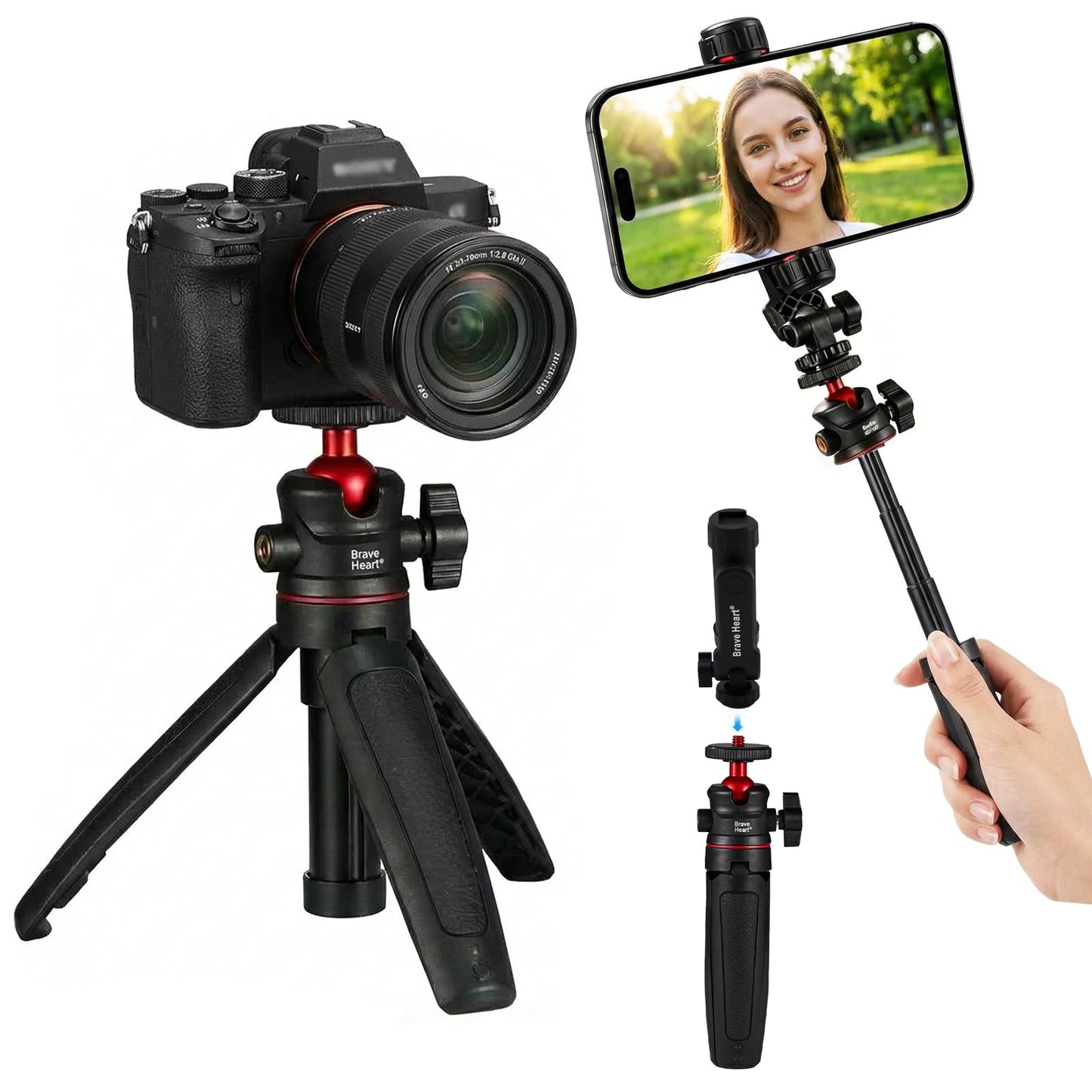 Gonymask 1/4" Screw Mini Camera Tripod for Sony ZV-1 II ZV-E10 Canon R50 DJI Pocket 3, 2-in-1 Phone Tripod Stand & Extendable Selfie Stick, 360° Ball