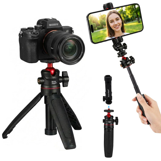 Gonymask 1/4" Screw Mini Camera Tripod for Sony ZV-1 II ZV-E10 Canon R50 DJI Pocket 3, 2-in-1 Phone Tripod Stand & Extendable Selfie Stick, 360° Ball