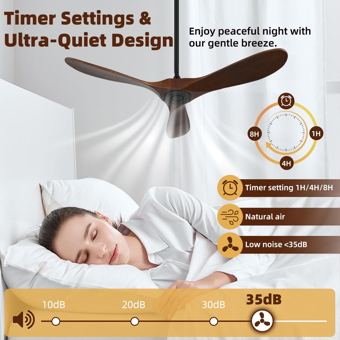 Homlit Smart Ceiling Fan no Light, 52 Inch Outdoor Ceiling Fan Without Light, Compatible with Alexa/Google/App, 3 Solid Wood Blades, Modern Wood Fan