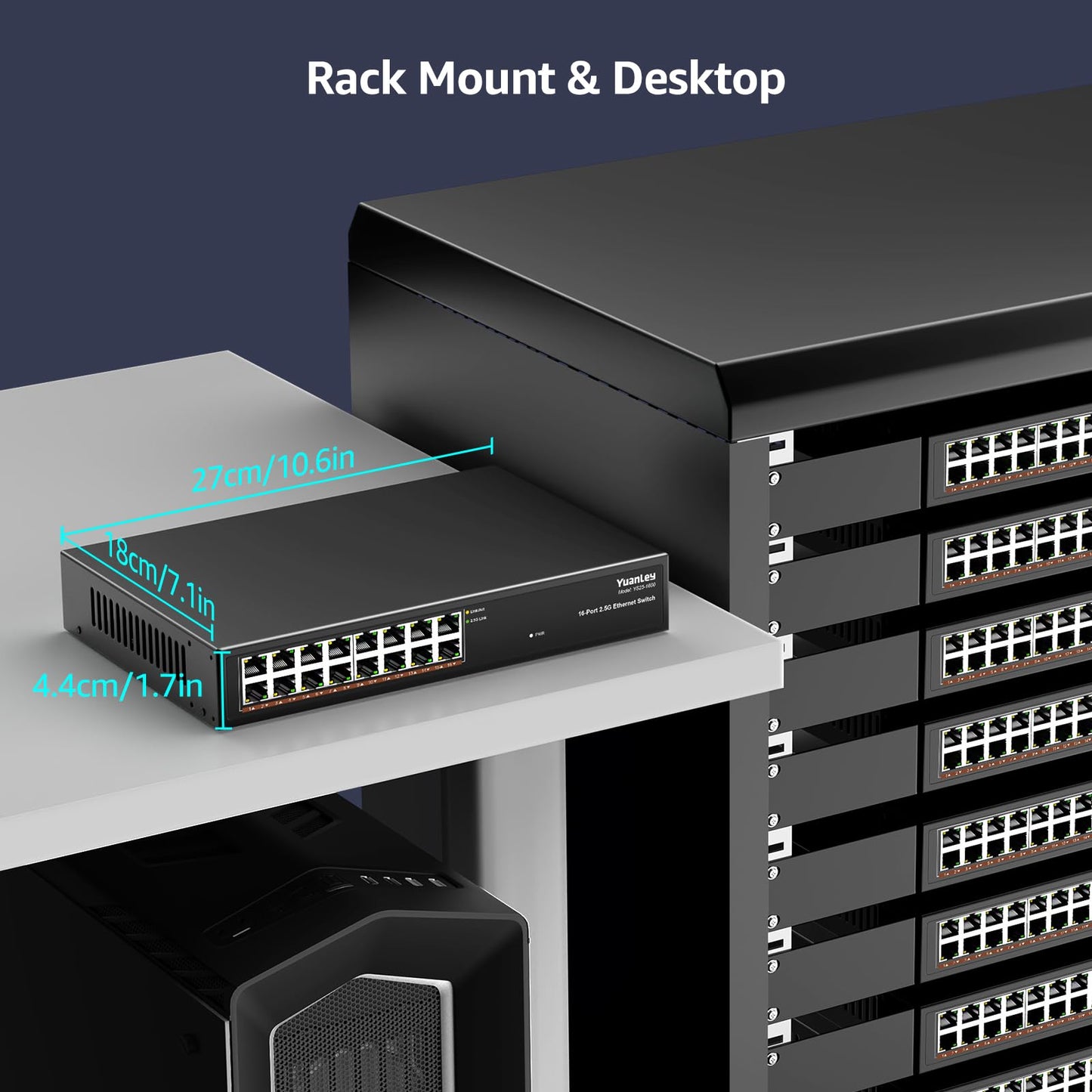 YuanLey 16 Port 2.5GB Unmanaged Ethernet Switch, 16 x 2.5G Base-T Ports, Compatible with 100/1000/2500Mbps, Metal Fanless, Desktop/Rack Mount YuanLey