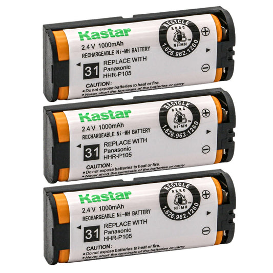 Kastar 3-Pack 2.4V 1000mAh Ni-MH Rechargeable Battery Replacement for Panasonic HHR-P105 HHR-P105A Type 31 91AAALH2BXZ Battery and Panasonic Home