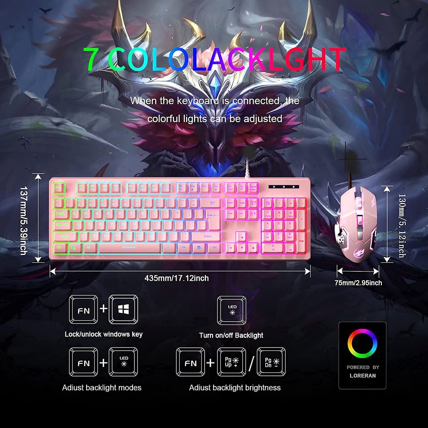 LORERAN Gaming Keyboard and Mouse Combo Pink, Gaming Keyboard LED Colorful Lights Backlit Wired Pink Keyboard Kawaii and Cute Keyboard Adjustable